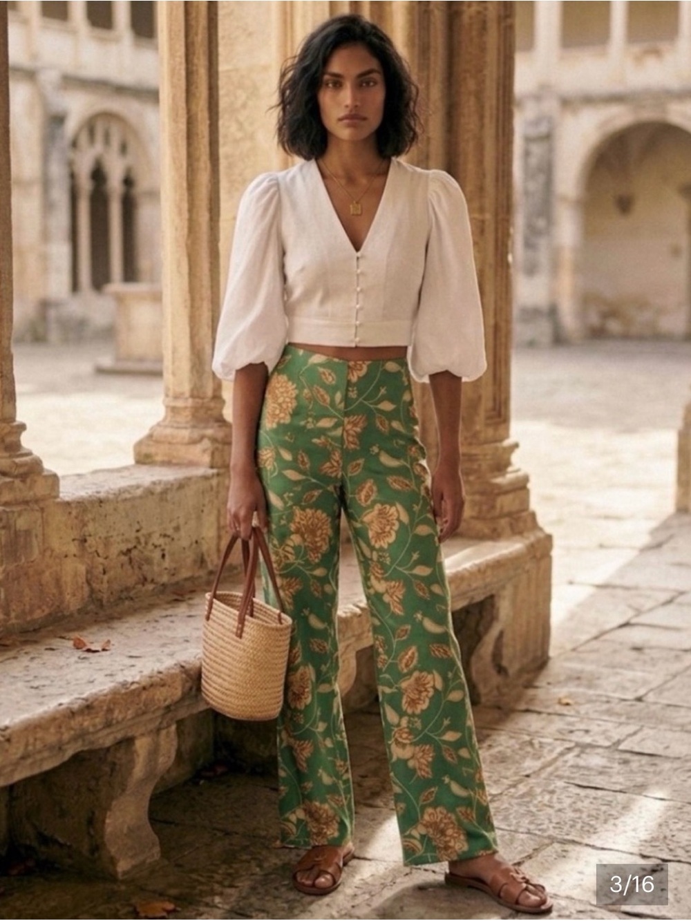 Sezane Baptisto Teal Cream Floral Linen Cotton Wide Leg Pant 6 - Picture 4 of 16